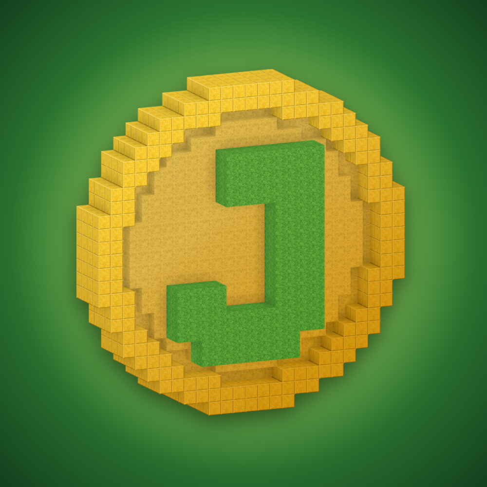 The $Journey coin: a gold voxel coin with a green J
