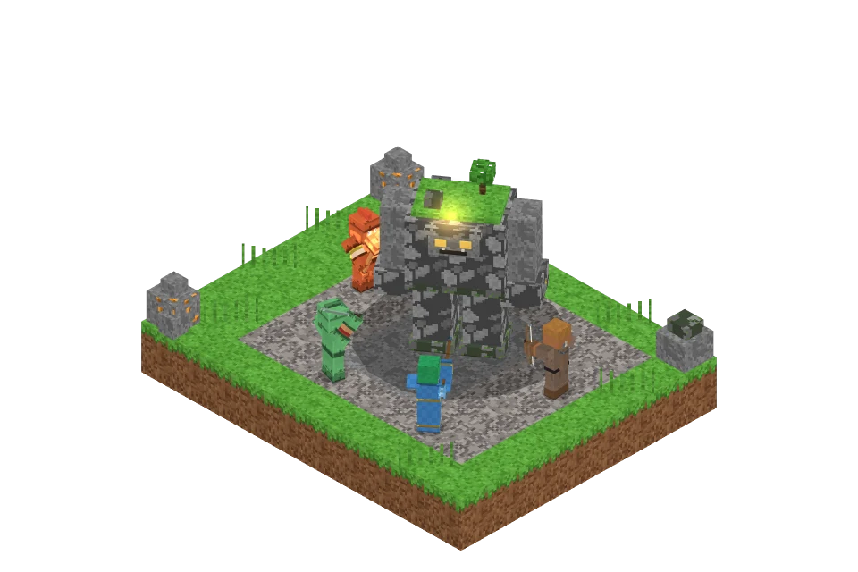 Four players fighting a giant walking stone boss