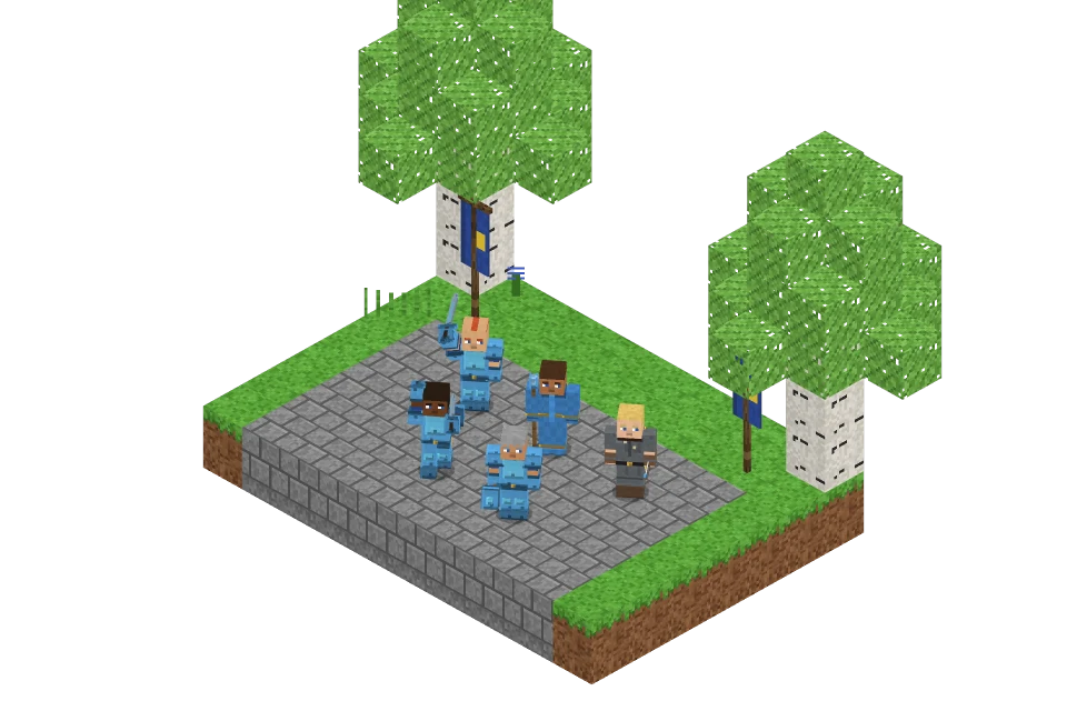 A guild of five players in matching armor between two banners