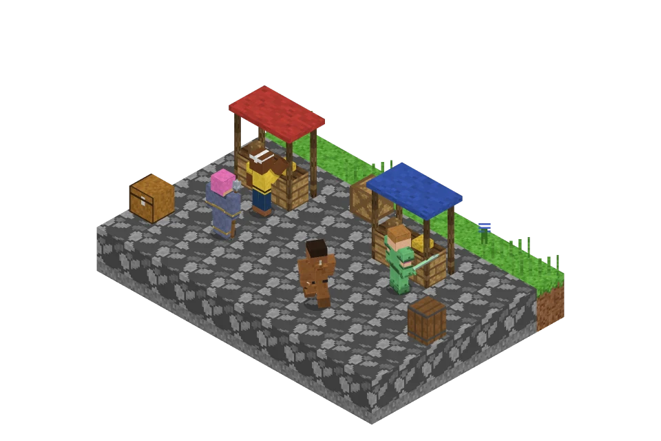 Players meeting at market stalls on a cobbled square